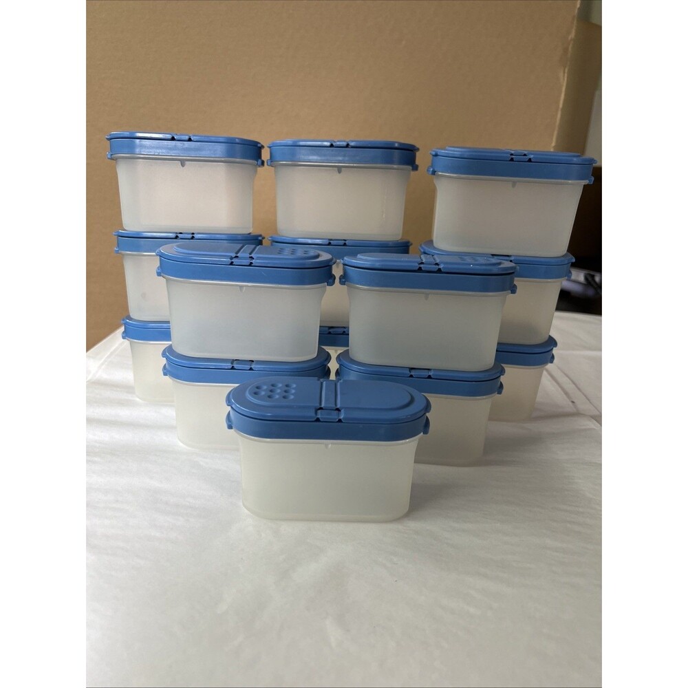 Set of 14 Tupperware Modular Mates Spice Containers Shakers w/Blue Lids Vintage - Picture 2 of 7